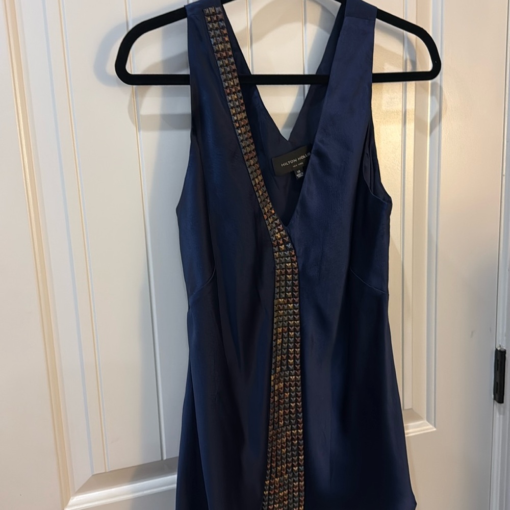 HILTON HOLLIS~Size 14~Navy Silk Tank Top with Beaded Accents~ Blouse Tank Shirt~